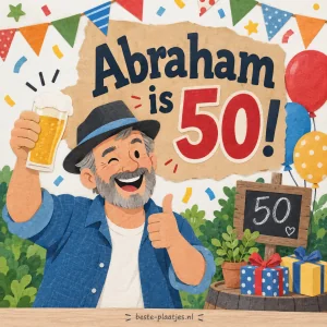 Een lachende Abraham met feesthoed heft het glas tussen ballonnen en cadeaus.