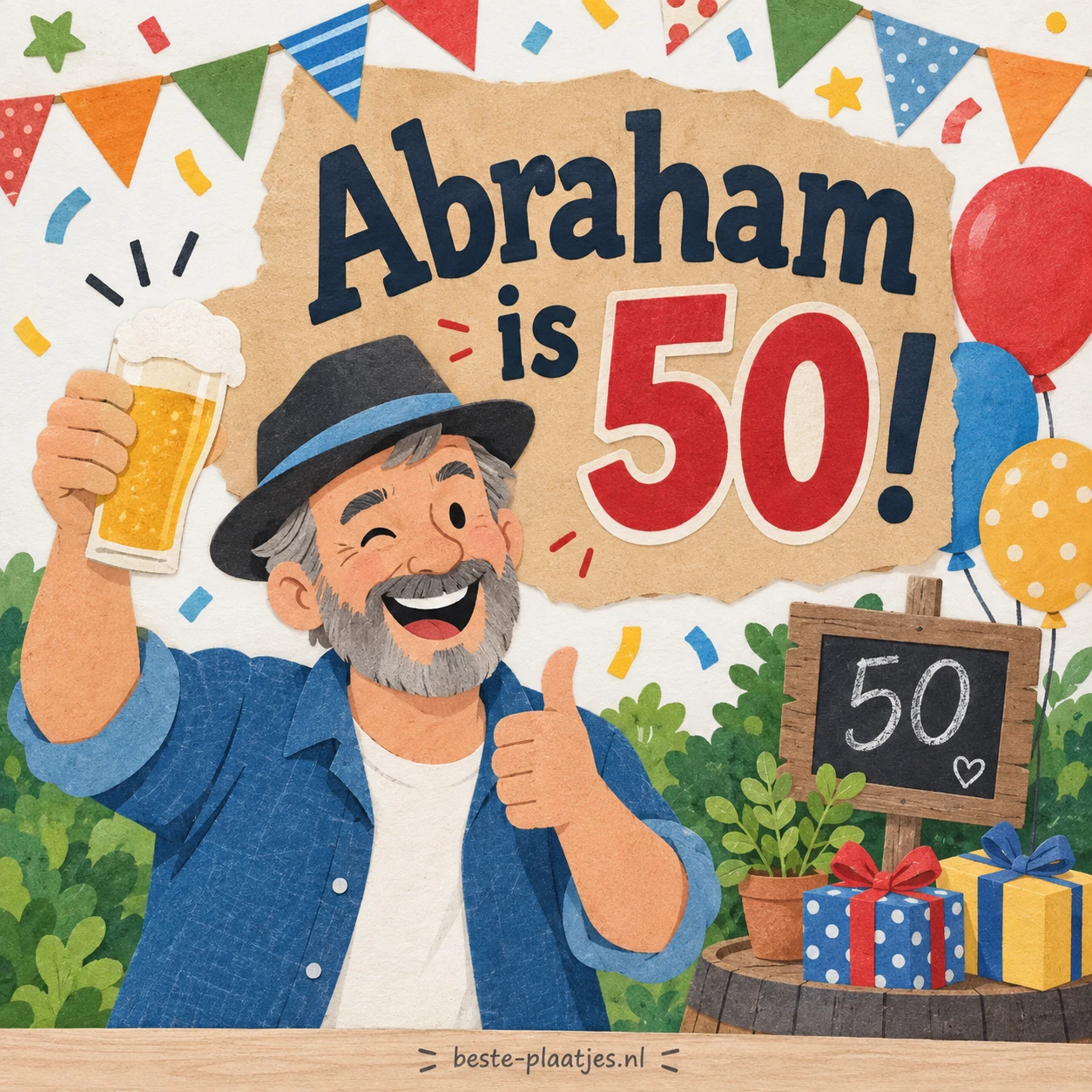 Een lachende Abraham met feesthoed heft het glas tussen ballonnen en cadeaus.