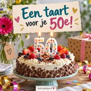 Een verjaardagstaart met vijftig kaarsjes staat tussen bloemen en cadeaus.