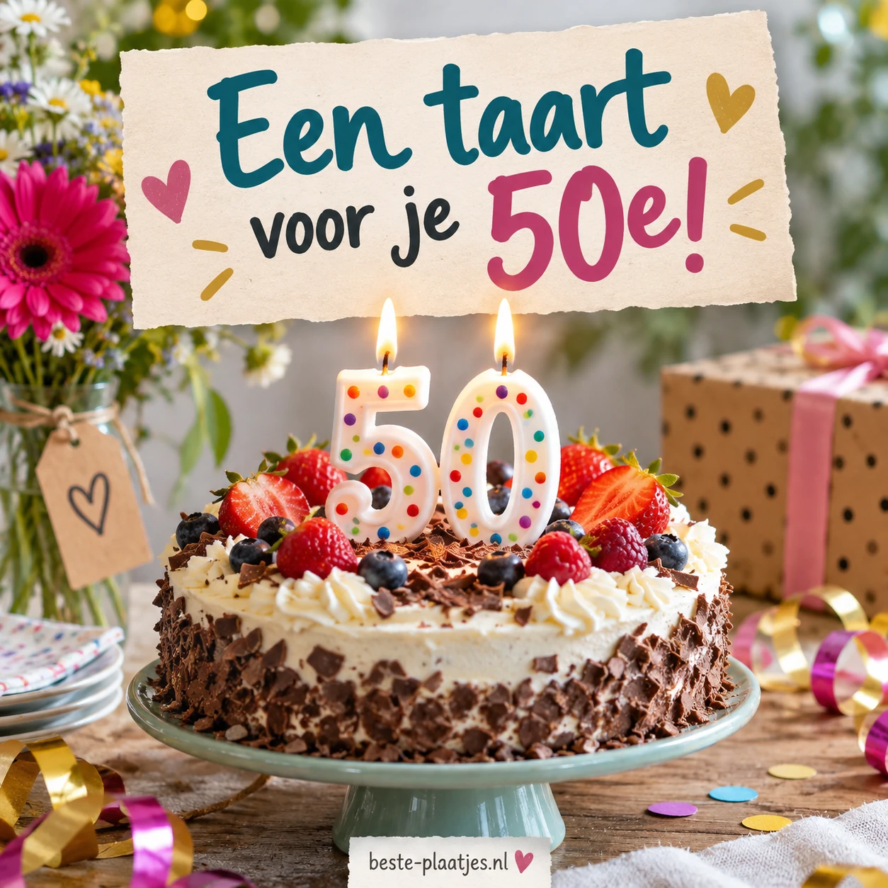 Een verjaardagstaart met vijftig kaarsjes staat tussen bloemen en cadeaus.