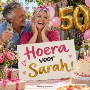 Een jarig stel viert Sarahs verjaardag met taart, bloemen en gouden ballonnen.