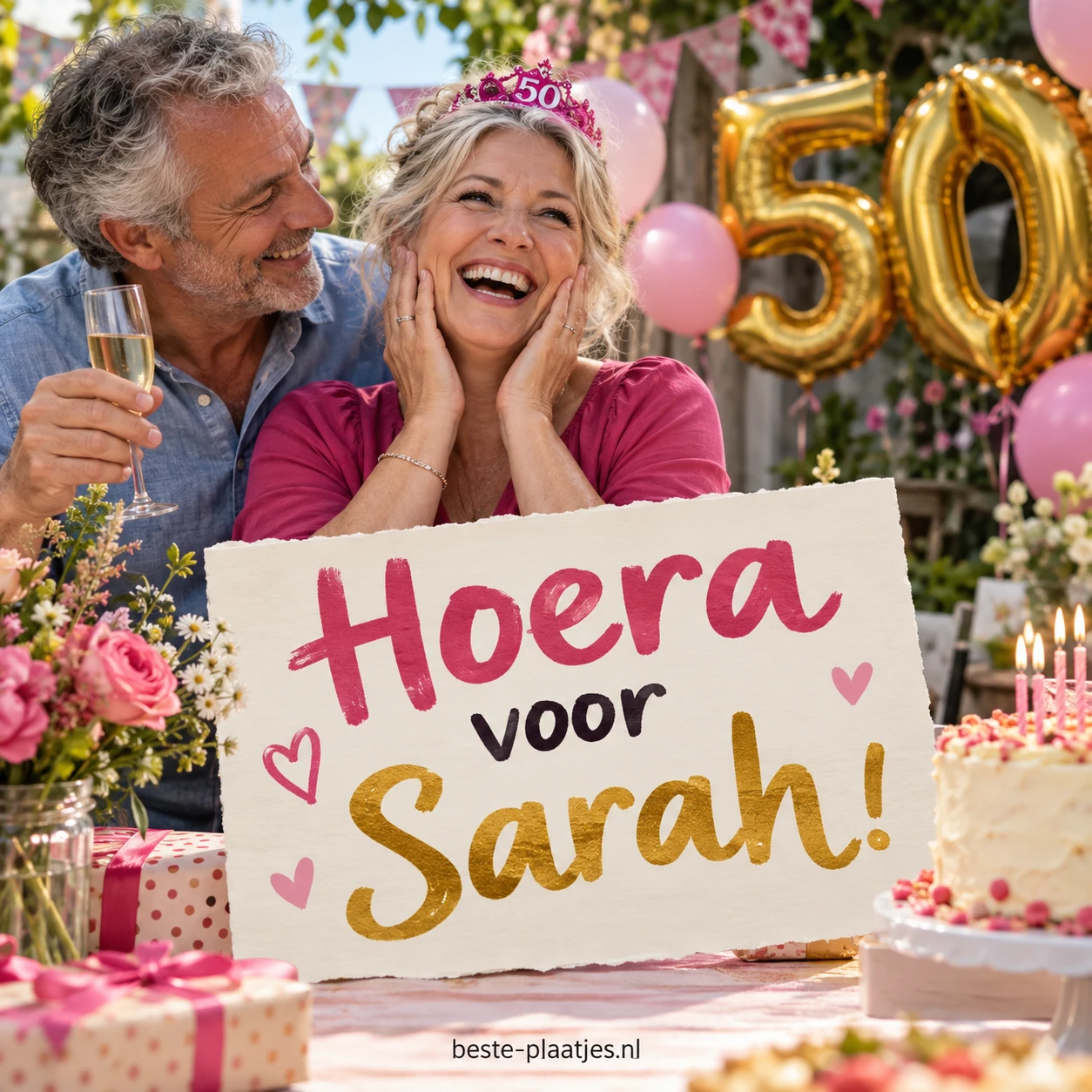 Een jarig stel viert Sarahs verjaardag met taart, bloemen en gouden ballonnen.
