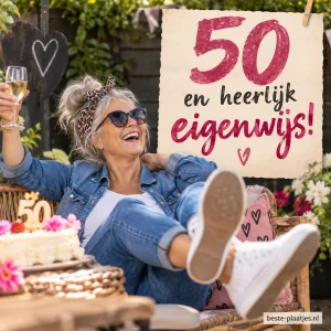 Een vrouw viert haar vijftigste verjaardag ontspannen tussen taart en ballonnen.