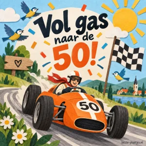 Een oranje raceauto met nummer 50 rijdt tussen bloemen en feestvlaggen.