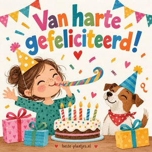 Een feestelijk meisje blaast een toeter naast een hond, taart en cadeaus.