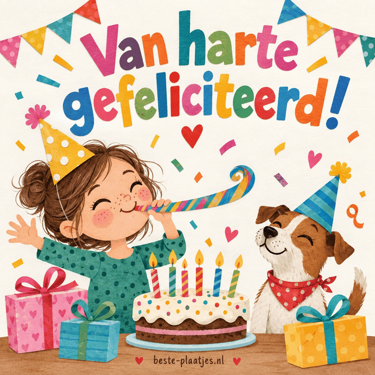 Een feestelijk meisje blaast een toeter naast een hond, taart en cadeaus.