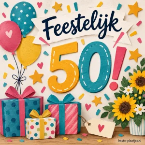Een kleurrijke kaart met cijfers 50 staat tussen cadeaus, bloemen en ballonnen.