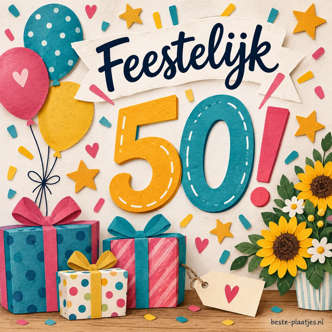 Een kleurrijke kaart met cijfers 50 staat tussen cadeaus, bloemen en ballonnen.