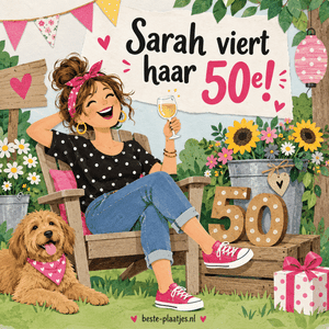 Een vrolijke Sarah zit met haar hond tussen bloemen en verjaardagsversiering.