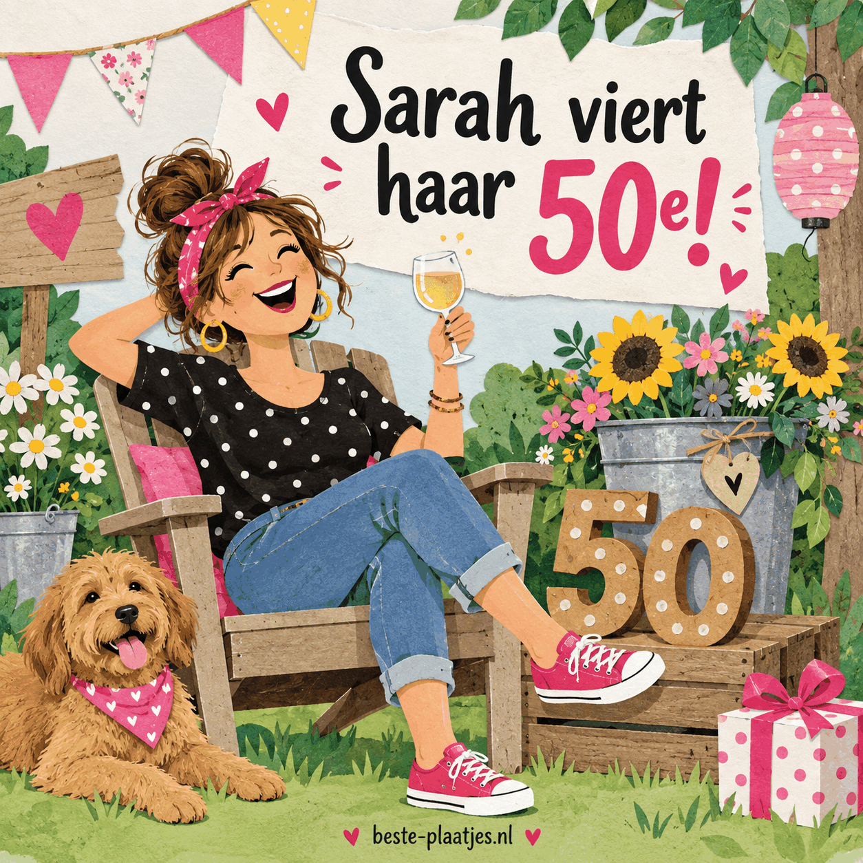 Een vrolijke Sarah zit met haar hond tussen bloemen en verjaardagsversiering.