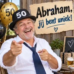 Een lachende Abraham wijst naar de jarige tussen ballonnen en cadeaus.