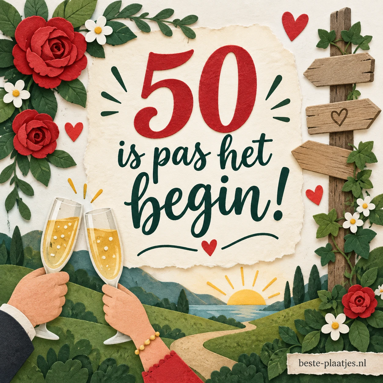 Een sierlijke kaart met rozen en cijfers 50 staat boven een heuvellandschap.
