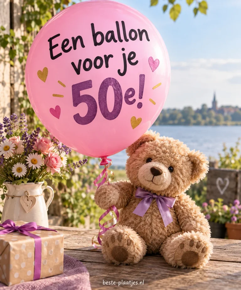 Een teddybeer houdt een roze ballon met een wens voor een vijftigste verjaardag vast.