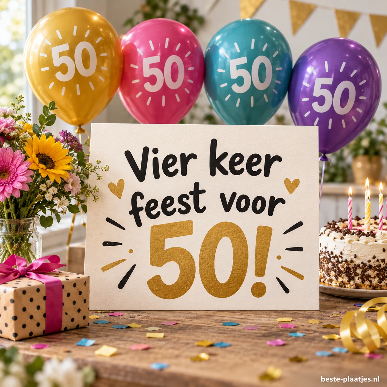 Vier ballonnen met het getal 50 zweven boven een verjaardagskaart en cadeaus.