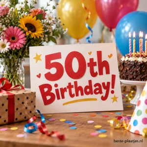 Een 50th Birthday kaart staat tussen ballonnen, bloemen en taart.