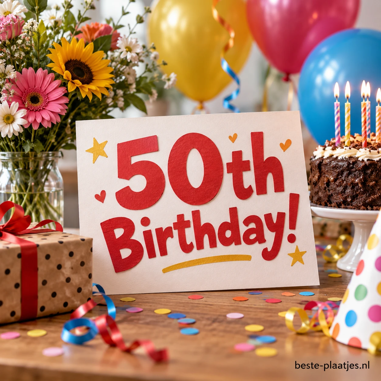 Een 50th Birthday kaart staat tussen ballonnen, bloemen en taart.