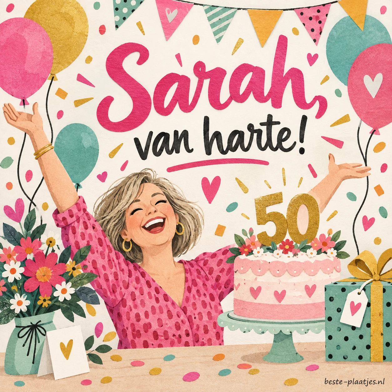 Sarah viert haar vijftigste verjaardag tussen taart, cadeaus en ballonnen.
