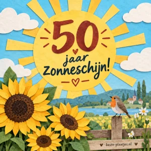 Een zonnig landschap met zonnebloemen en een grote gouden 50.