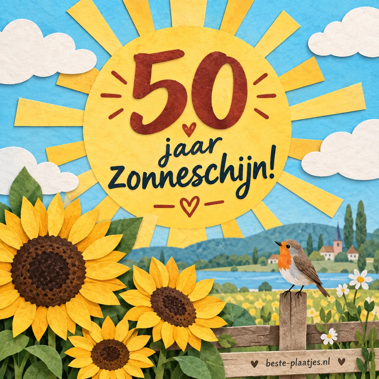 Een zonnig landschap met zonnebloemen en een grote gouden 50.
