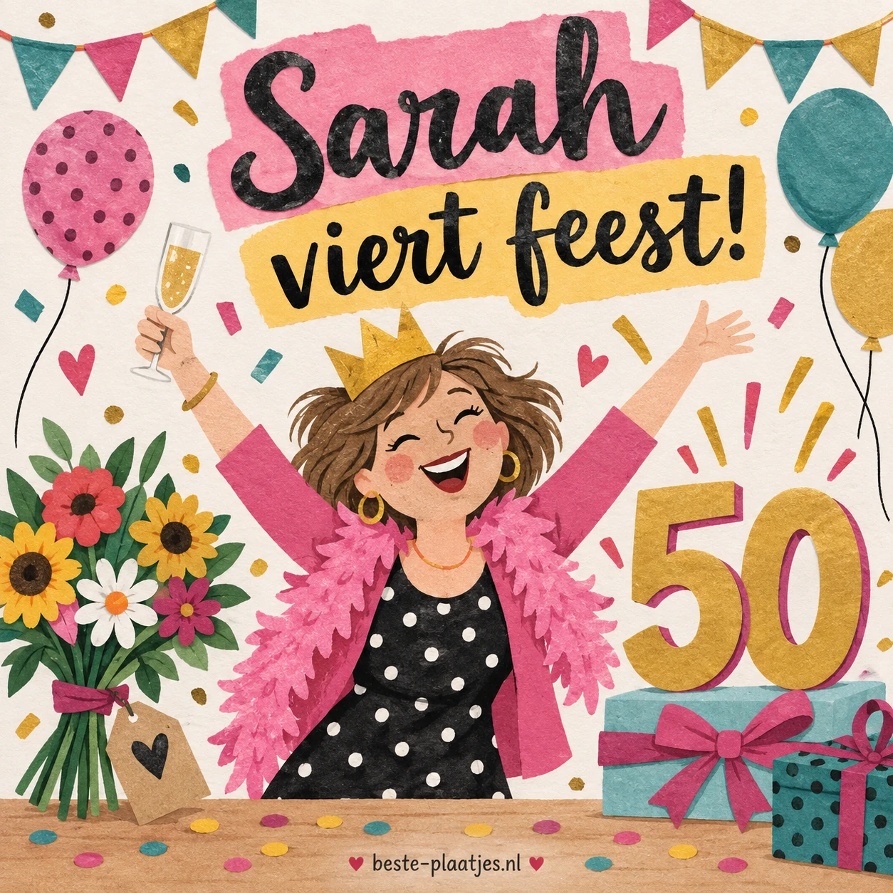 Een vrolijke Sarah viert haar verjaardag tussen bloemen en cadeaus.