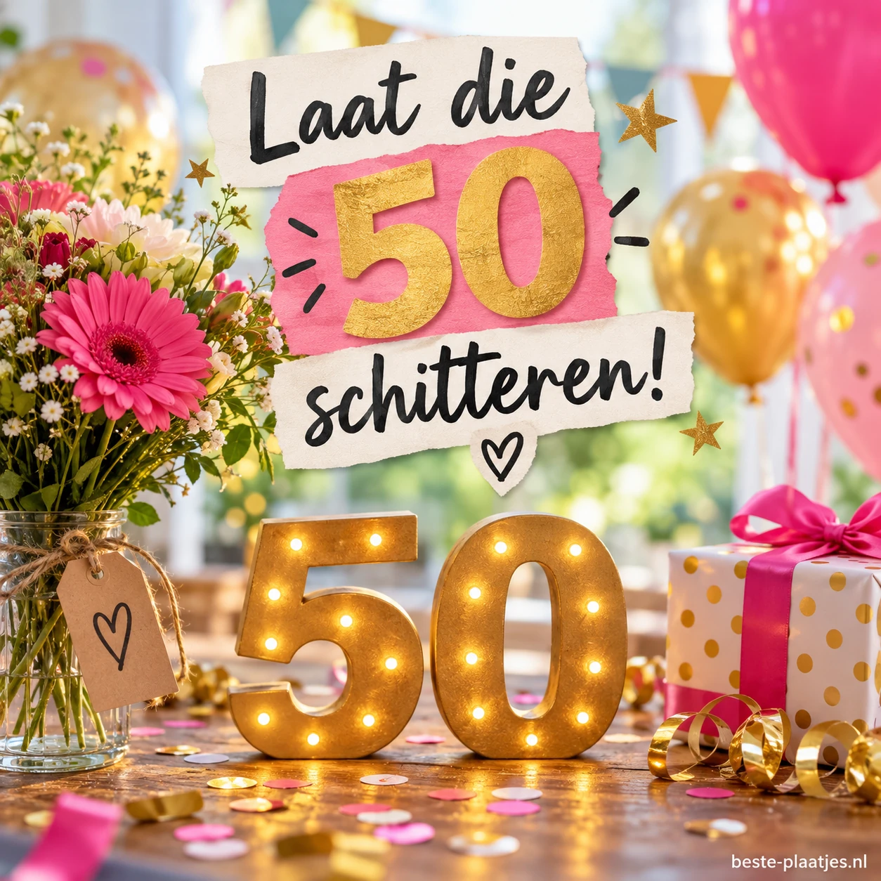 Gouden verlichte cijfers 50 staan tussen bloemen en ballonnen.