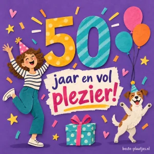 Een feestvierder springt naast grote kleurrijke cijfers 50 en een hond.