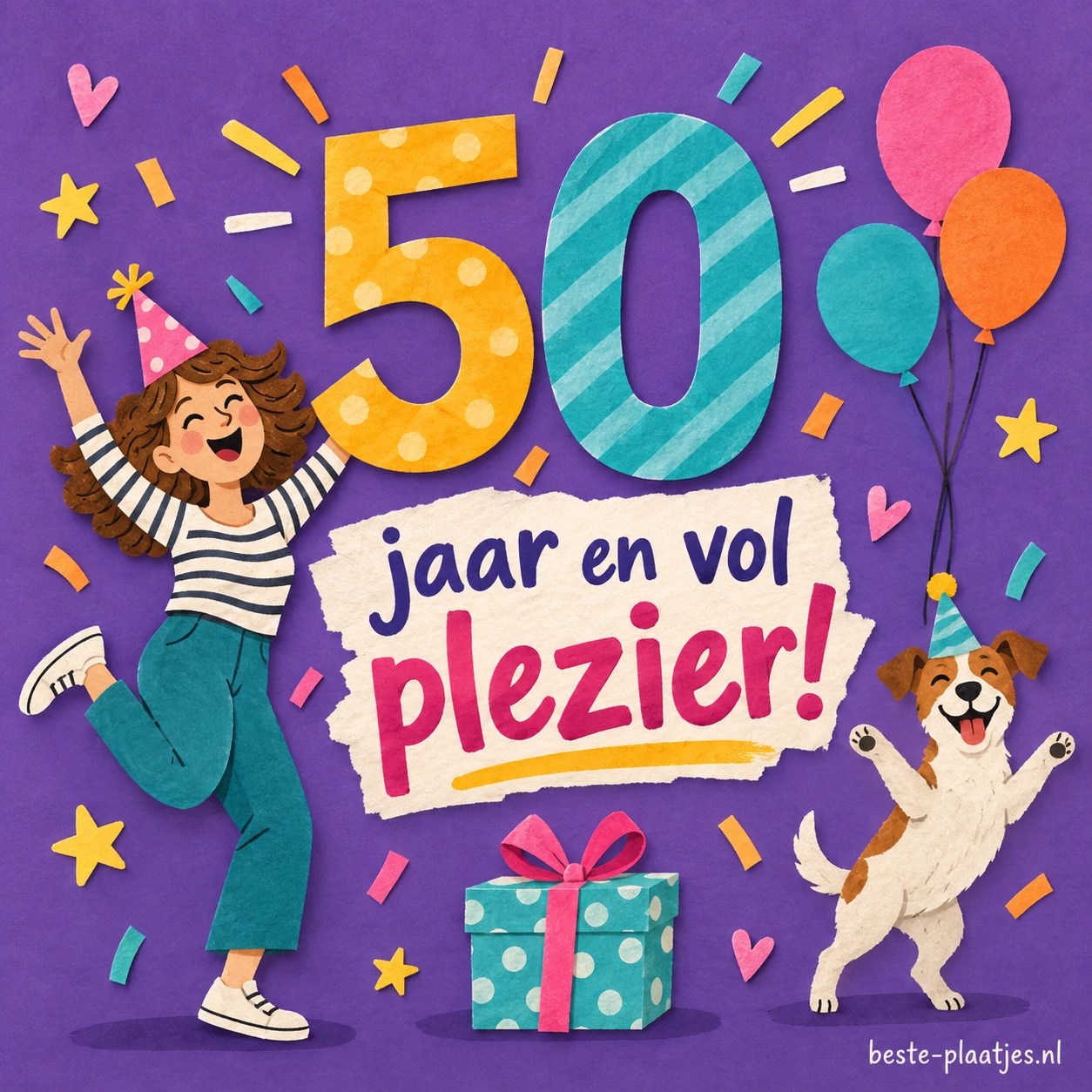 Een feestvierder springt naast grote kleurrijke cijfers 50 en een hond.