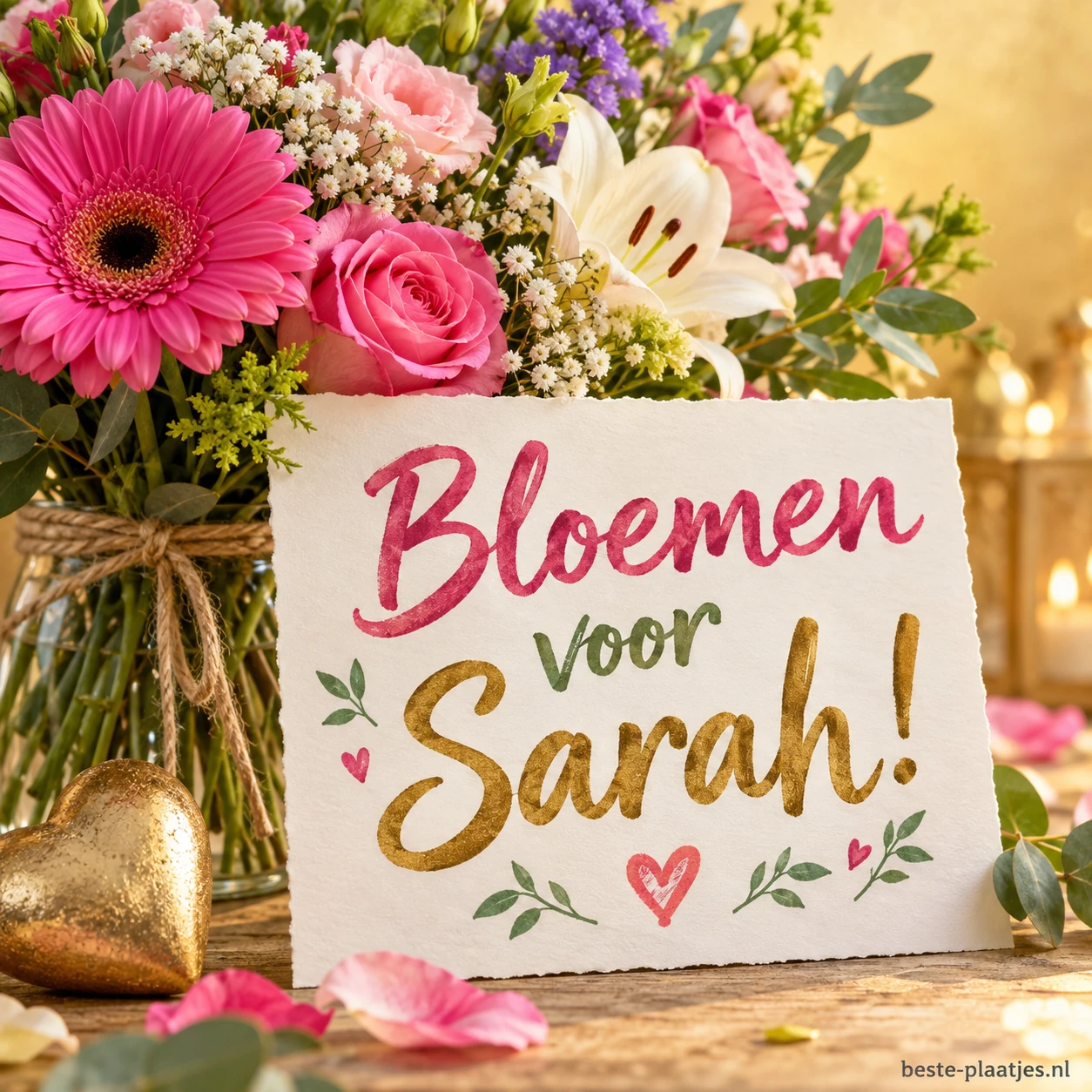 Een boeket met roze bloemen draagt een verjaardagswens voor Sarah.