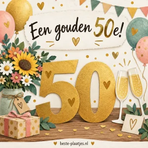 Grote gouden cijfers 50 staan tussen bloemen, cadeaus en champagneglazen.