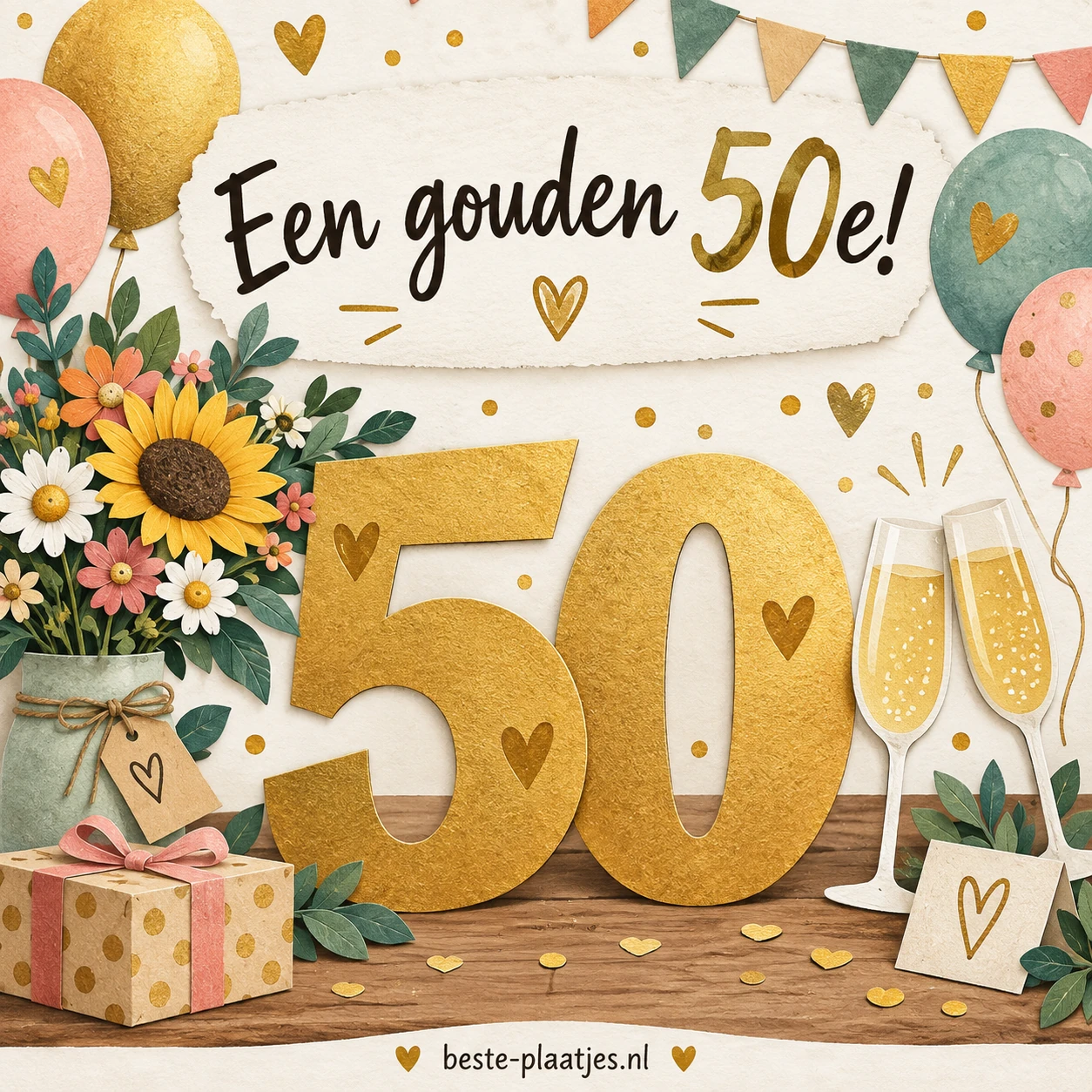 Grote gouden cijfers 50 staan tussen bloemen, cadeaus en champagneglazen.