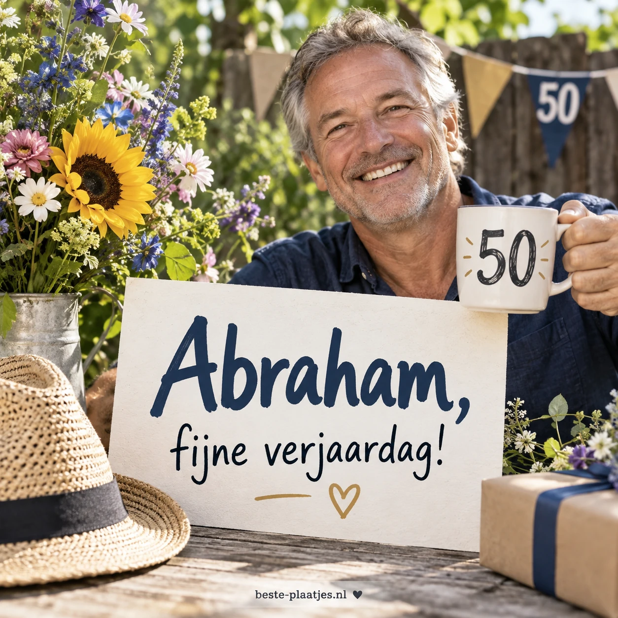 Een lachende Abraham houdt een verjaardagskaart en een mok vast.