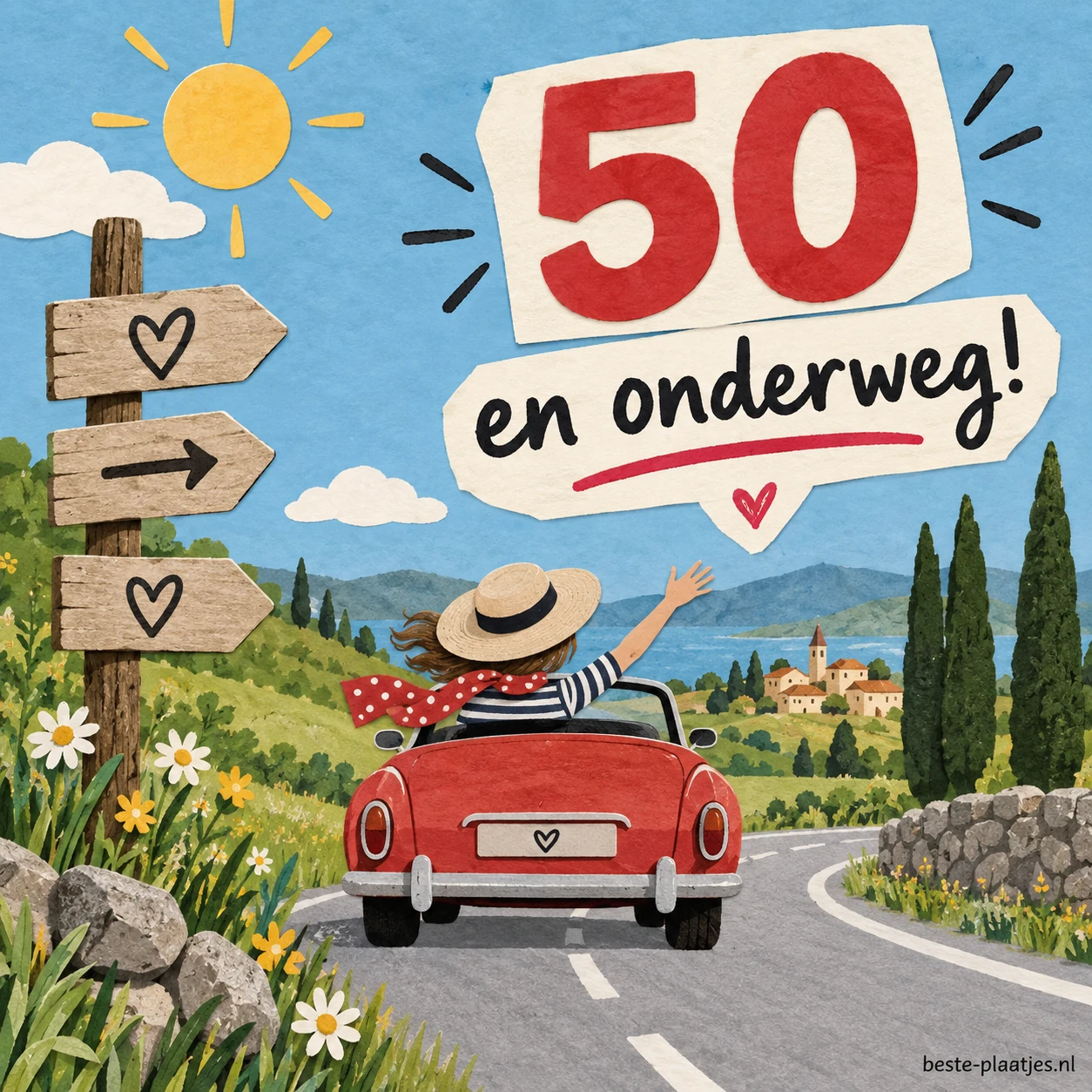 Een rode cabrio rijdt door een zonnig landschap onder een 50 jaar wens.