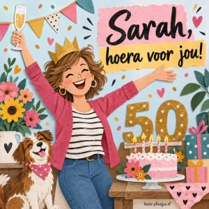 Sarah heft een glas tussen taart, bloemen en haar hond.