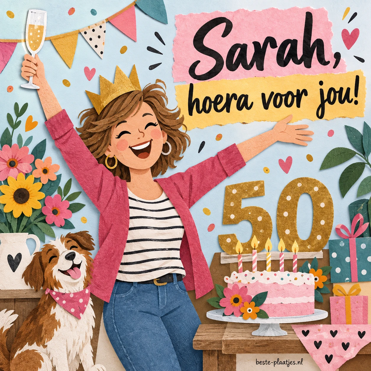 Sarah heft een glas tussen taart, bloemen en haar hond.