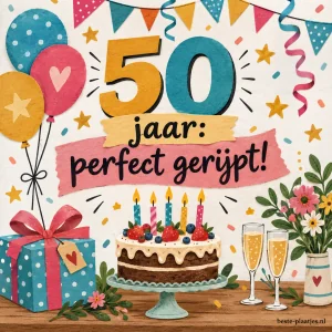 Een kleurrijke felicitatiekaart met cijfers 50, cadeaus, bloemen en taart.