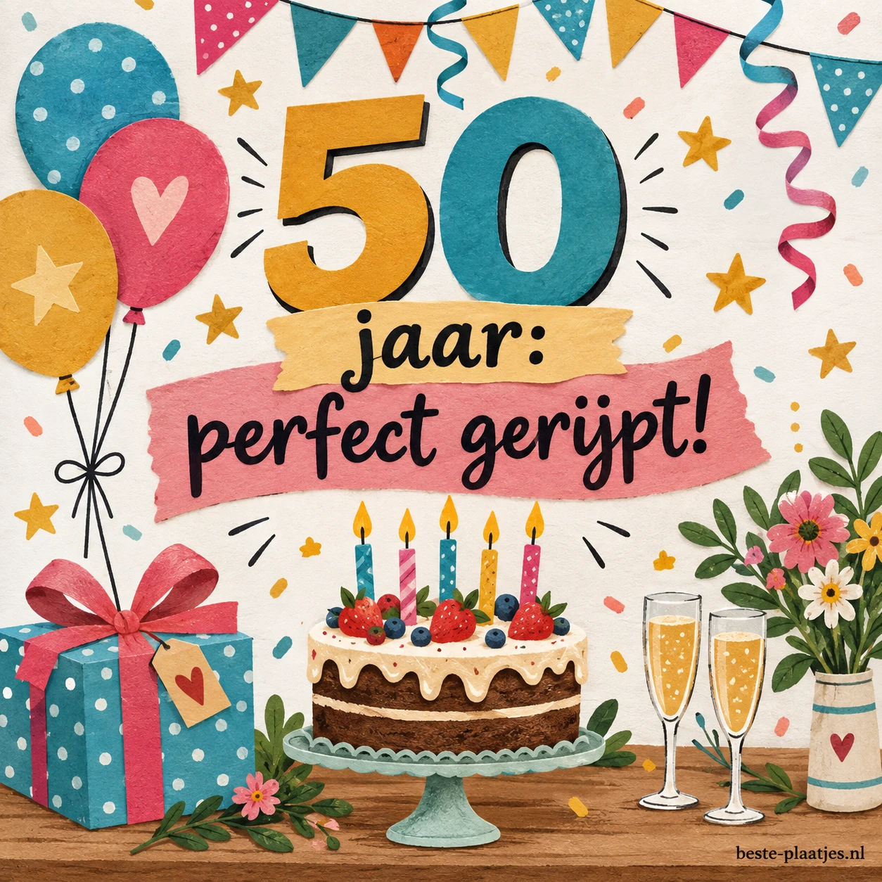 Een kleurrijke felicitatiekaart met cijfers 50, cadeaus, bloemen en taart.