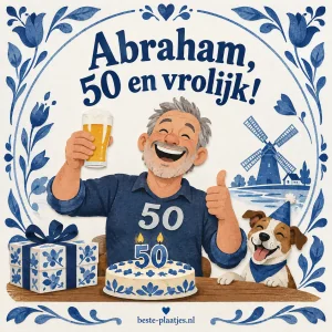 Een lachende Abraham heft het glas op een Delfts blauwe verjaardagskaart.