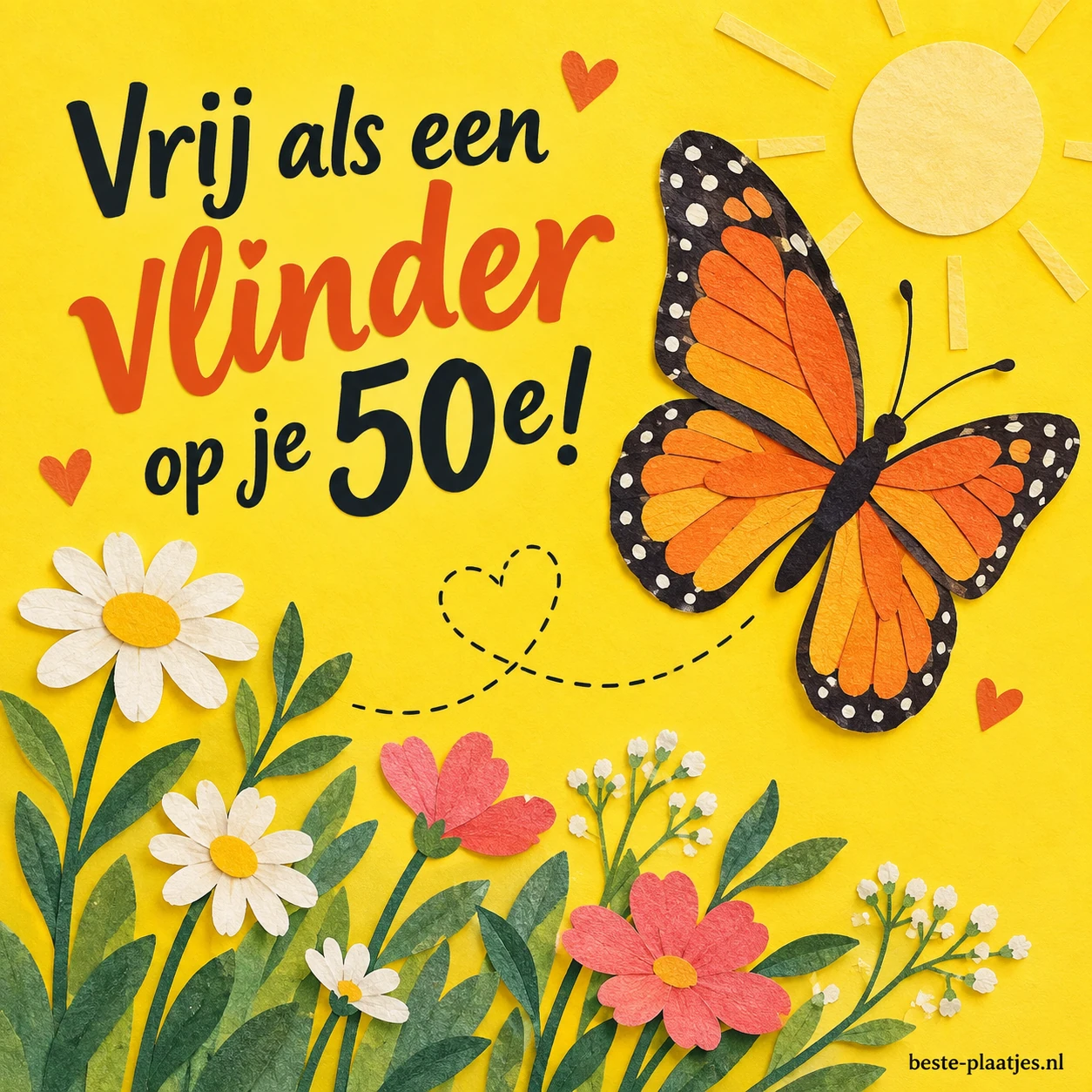 Een vlinder vliegt boven bloemen op een zonnige vijftigste verjaardag.