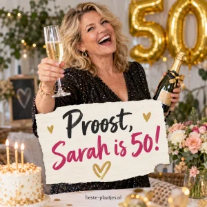 Sarah proost met champagne tussen taart, bloemen en gouden ballonnen.