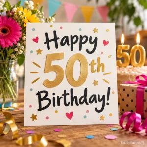 Een Happy 50th Birthday kaart staat tussen bloemen, cadeaus en kaarsen.