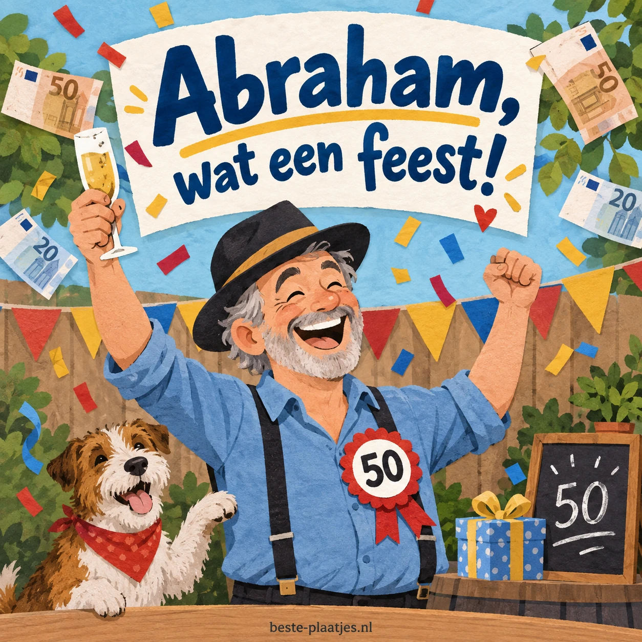 Een lachende Abraham heft het glas naast cadeaus en zijn hond.