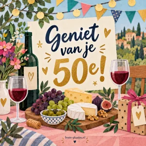 Een verjaardagstafel met wijn, kaas, bloemen en een 50 jaar kaart.