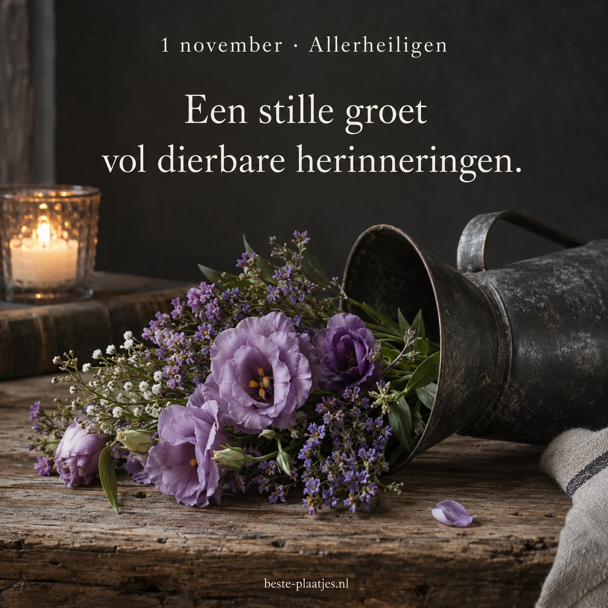 Paarse bloemen naast een donkere kan vormen een stille groet aan dierbaren.