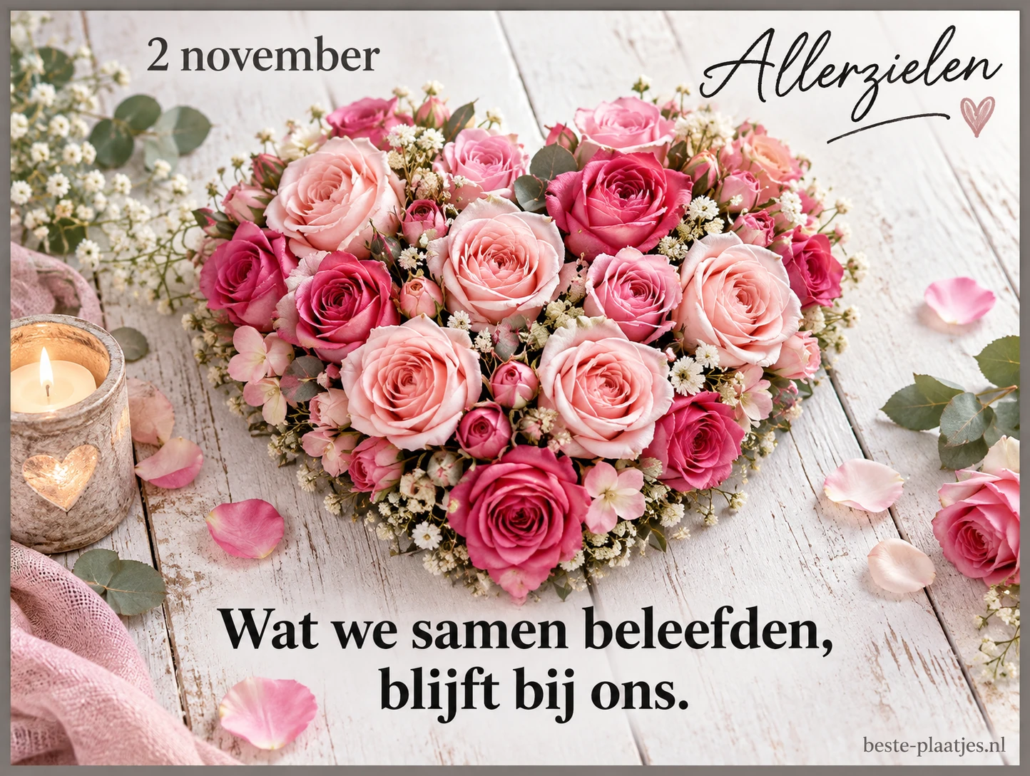 Een hart van roze rozen op witte planken herinnert aan de momenten die blijven. Een hart van roze rozen op witte planken herinnert aan de momenten die blijven.