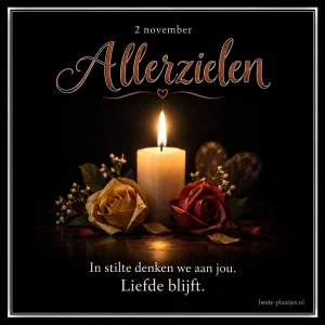 Een brandende kaars met twee rozen geeft ruimte aan een stille Allerzielenherinnering.