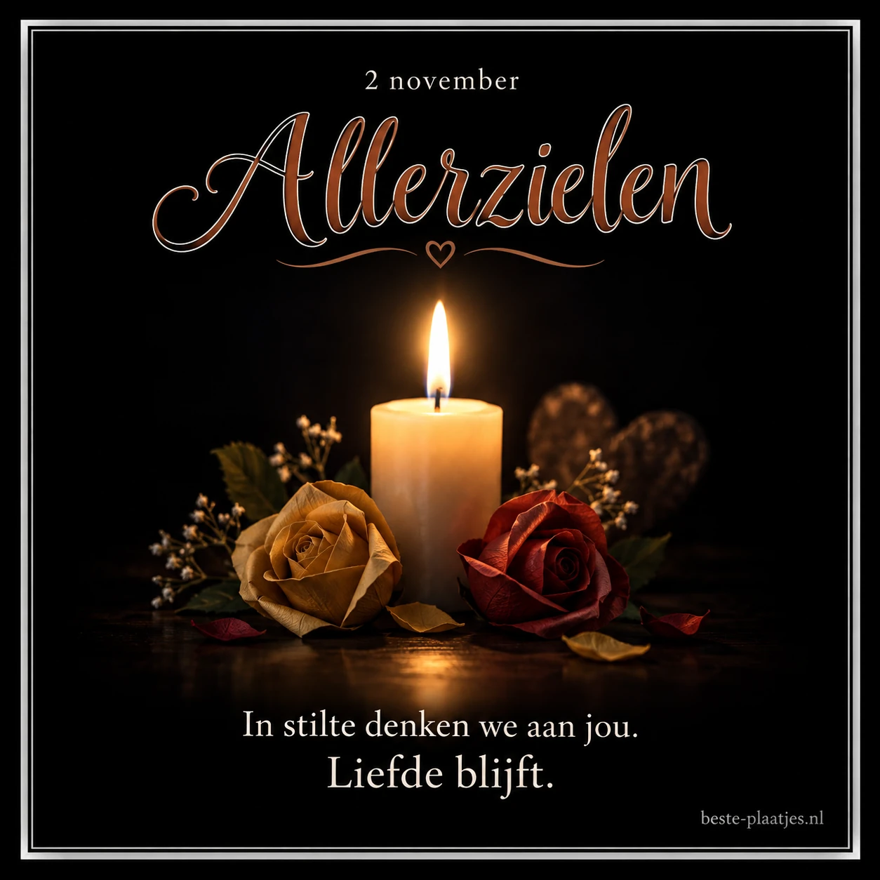 Een brandende kaars met twee rozen geeft ruimte aan een stille Allerzielenherinnering. Een brandende kaars met twee rozen geeft ruimte aan een stille Allerzielenherinnering.
