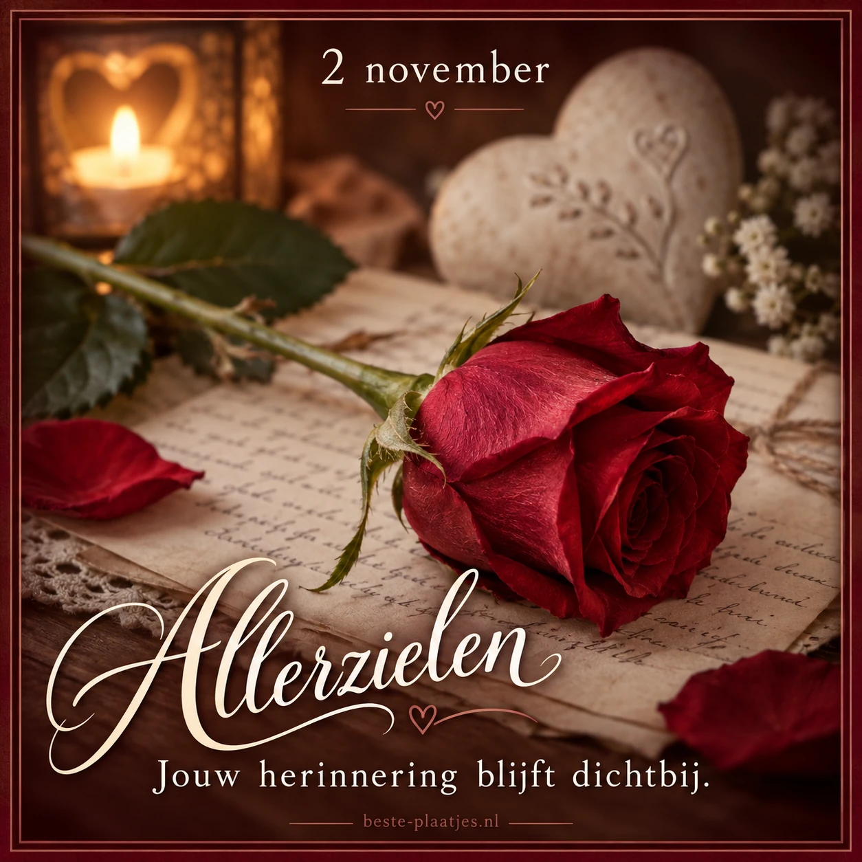 Een rode roos op oude brieven verbeeldt een dierbare herinnering aan Allerzielen. Een rode roos op oude brieven verbeeldt een dierbare herinnering aan Allerzielen.