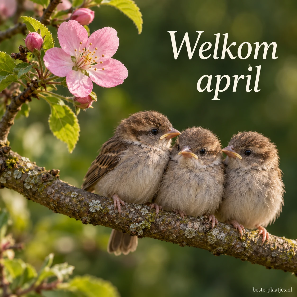 Drie jonge musjes zitten op een tak bij roze bloesem.