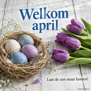 Een nest met zachtgekleurde eieren ligt naast paarse tulpen op witte planken.