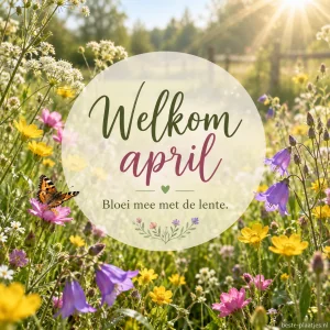Een vlinder zweeft boven een kleurrijk bloemenveld rond een lichte tekstcirkel.